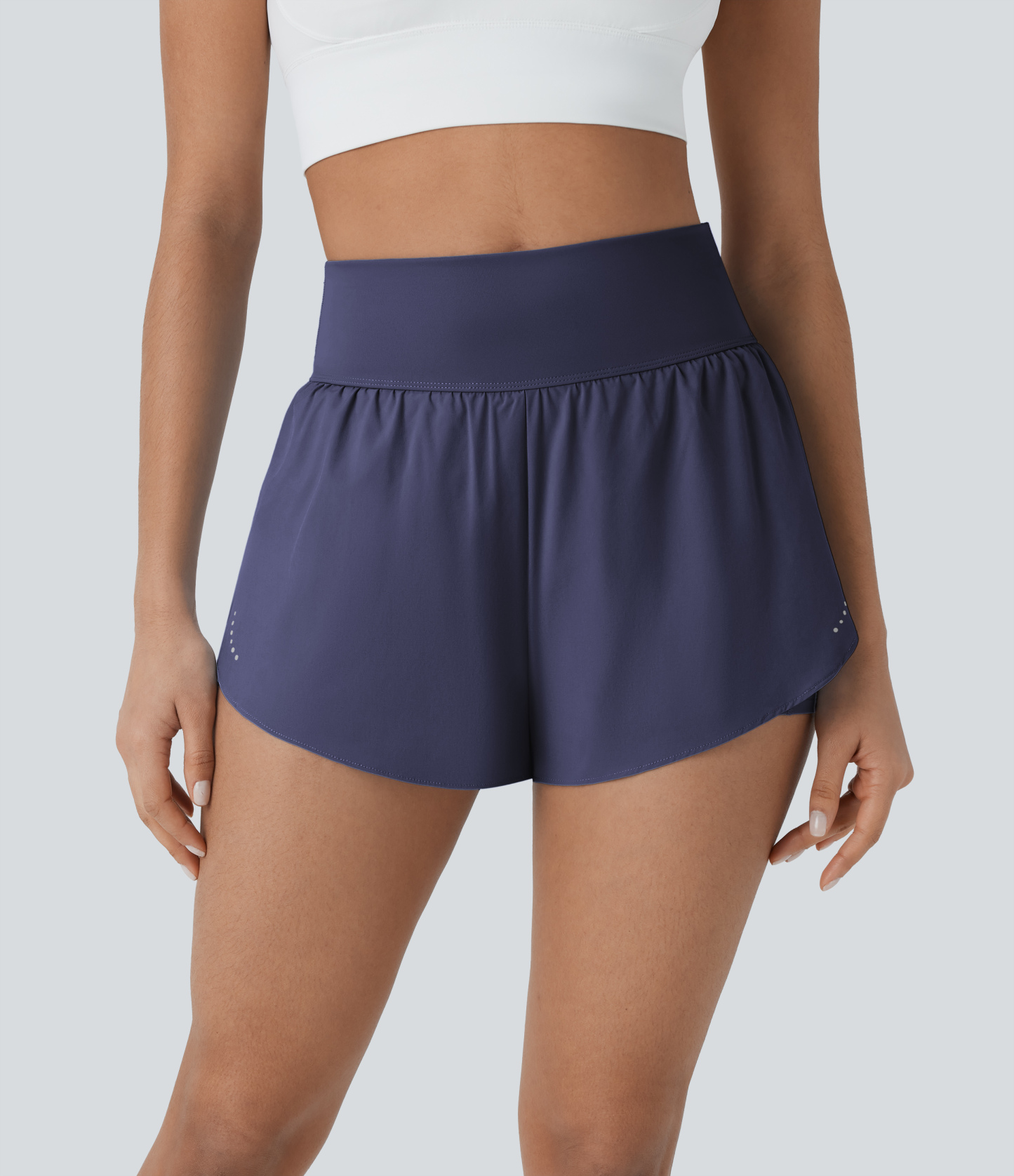 QuickDry High Waisted Reflective Dots Crossover Hem 2-in-1 Pockets Running Shorts