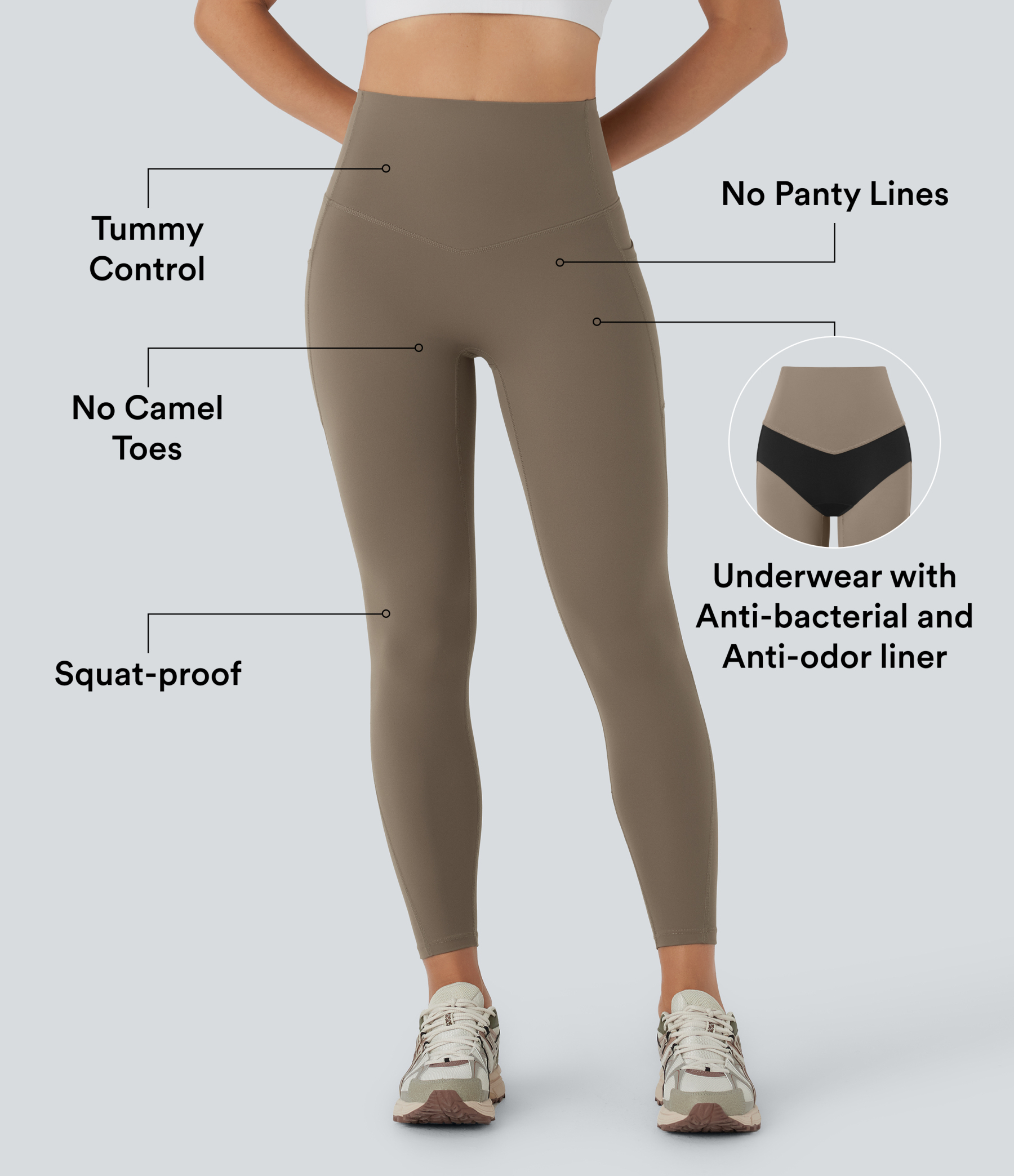 SoCinched High Waisted Tummy Control Built-in Underwear Anti-Bacterial Shaping 7/8 Workout Leggings with Pockets
