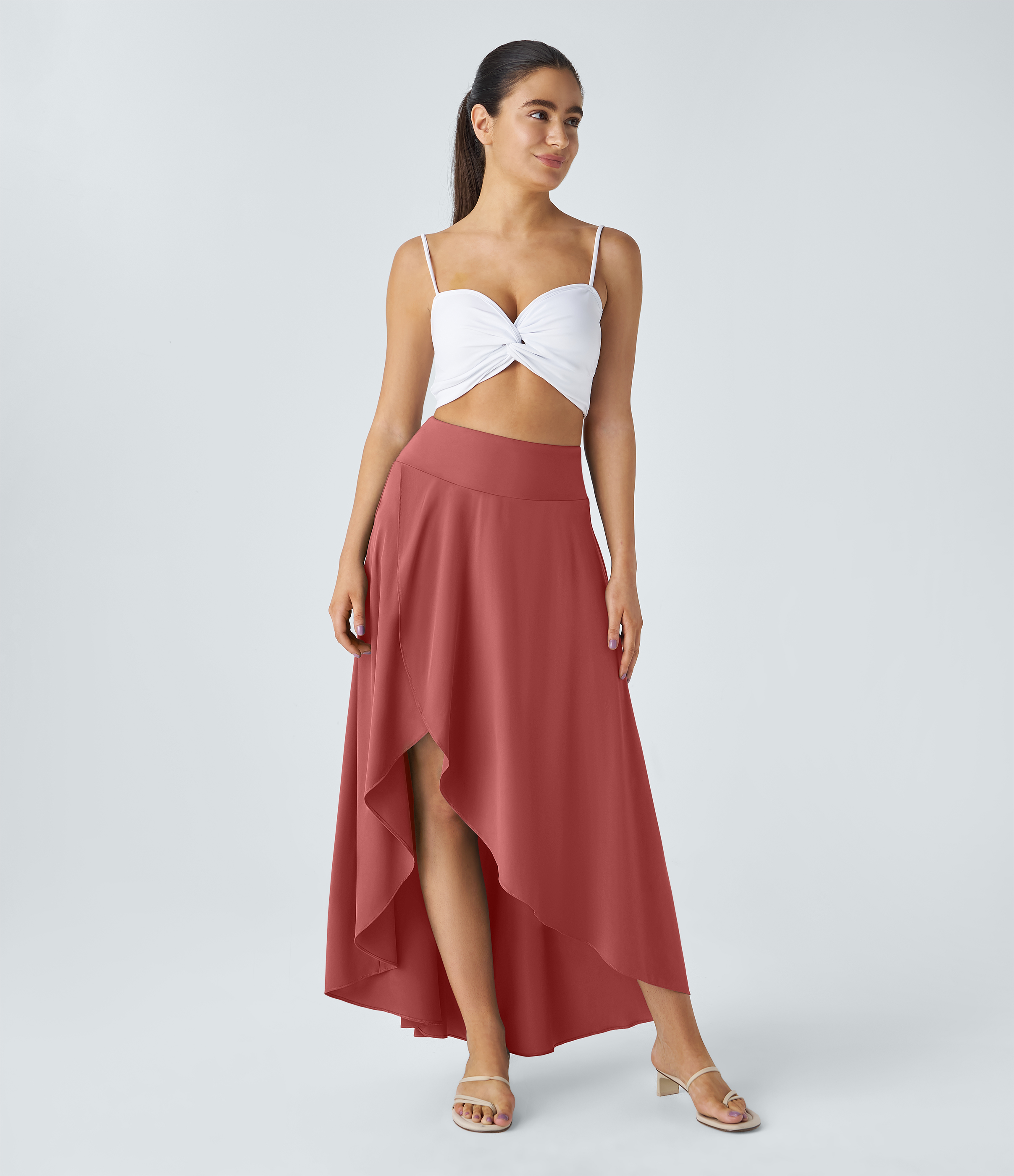 High Waisted High Low Ruffle 2-in-1 Flowy Quick Dry Casual Regular Maxi Skirt