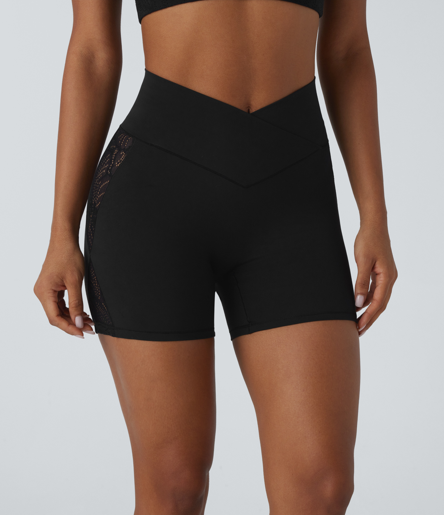 High Waisted Crossover Contrast Lace Built-in Underwear Yoga Biker Shorts 5'' with Pocket-UPF50+