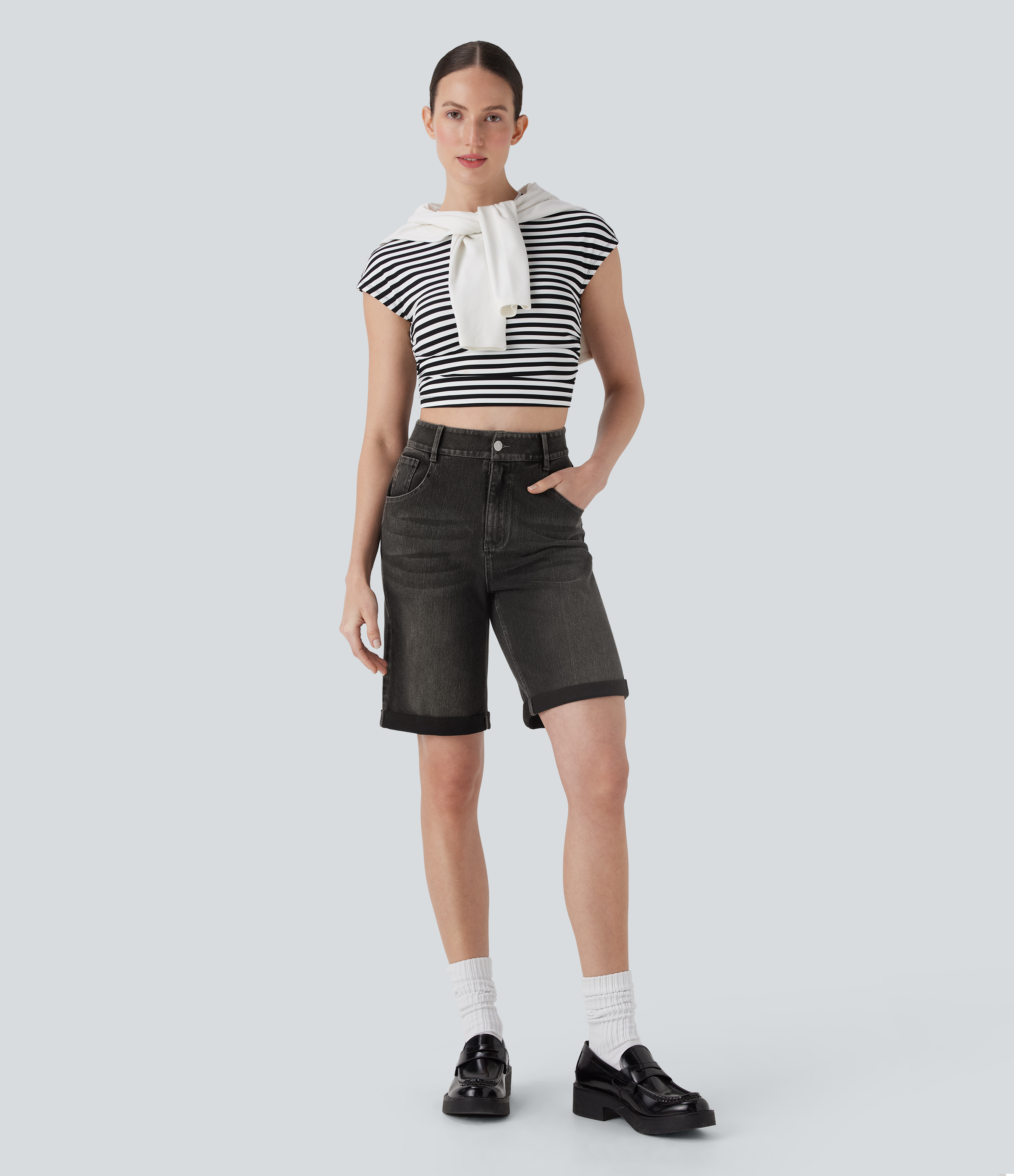 High Waisted Pockets Rolled Hem Washed Denim Casual Bermuda Shorts