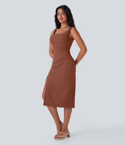 Airy Square Neck Corset Ruched Bodycon Midi Cool Touch Dress-D/DD/DDD/F Cups