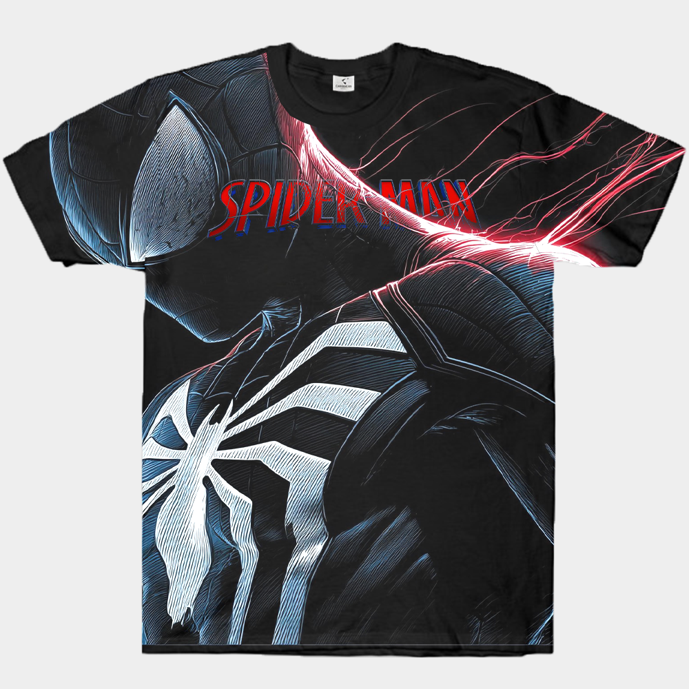 Marvel Spider-Man Line Art Symbiote Suit with Red-Blue Lightning Profile Print