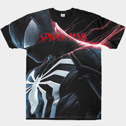 Marvel Spider-Man Line Art Symbiote Suit with Red-Blue Lightning Profile Print