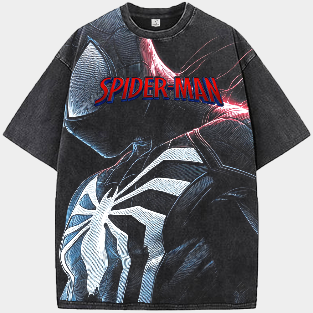 Marvel Spider-Man Line Art Symbiote Suit with Red-Blue Lightning Profile Print