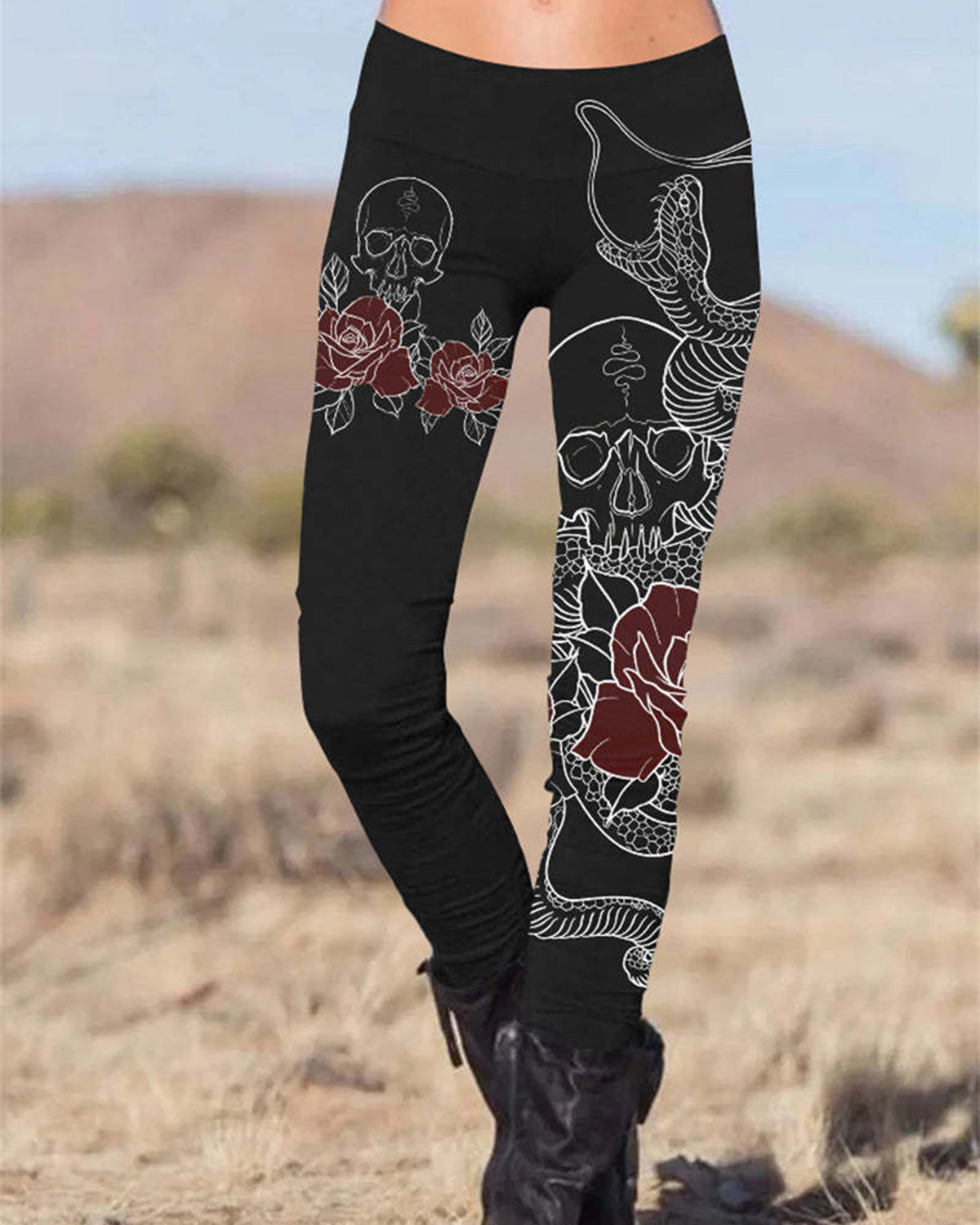 Gothic Line Skull Viper Flower Printed Slim Fit Pants