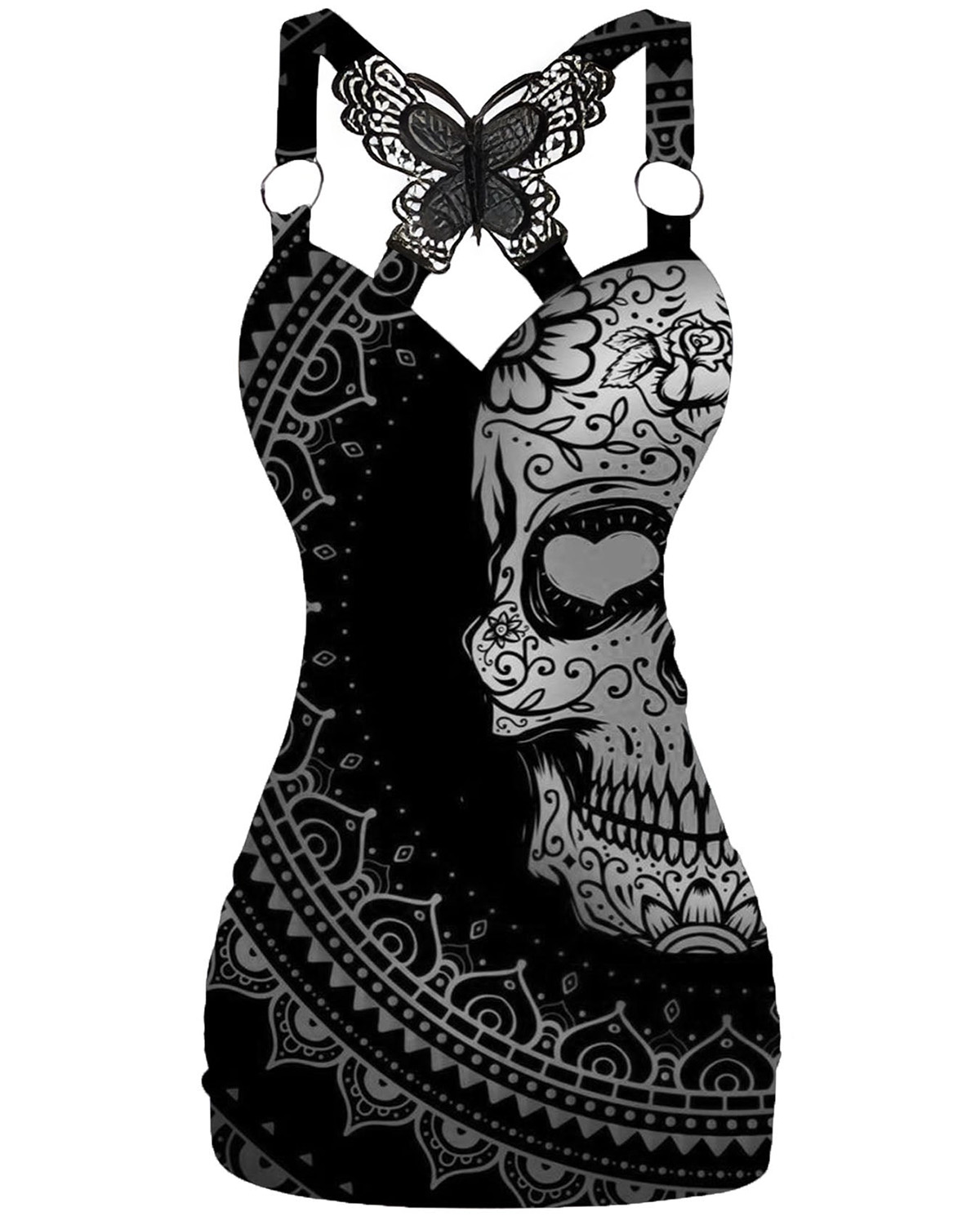 Mexican Sugar Skull Printed V-neck Sexy Butterfly Back Dress