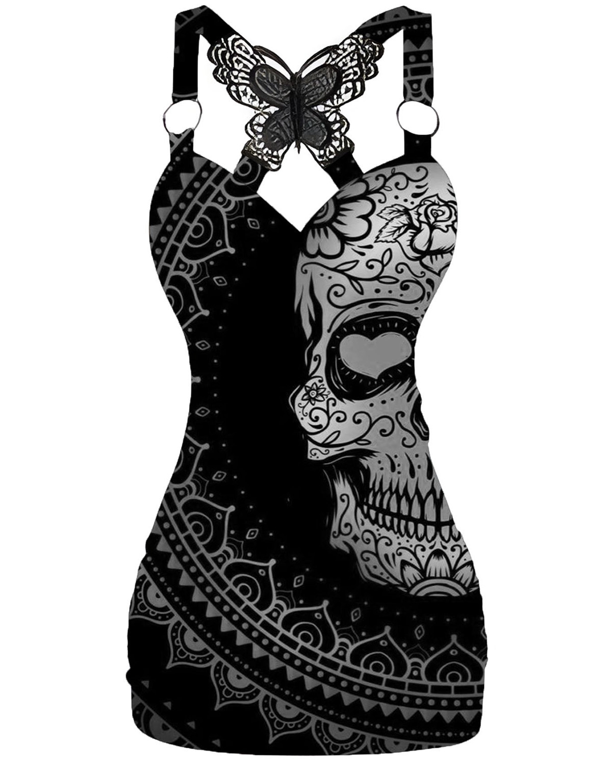 Mexican Sugar Skull Printed V-neck Sexy Butterfly Back Dress
