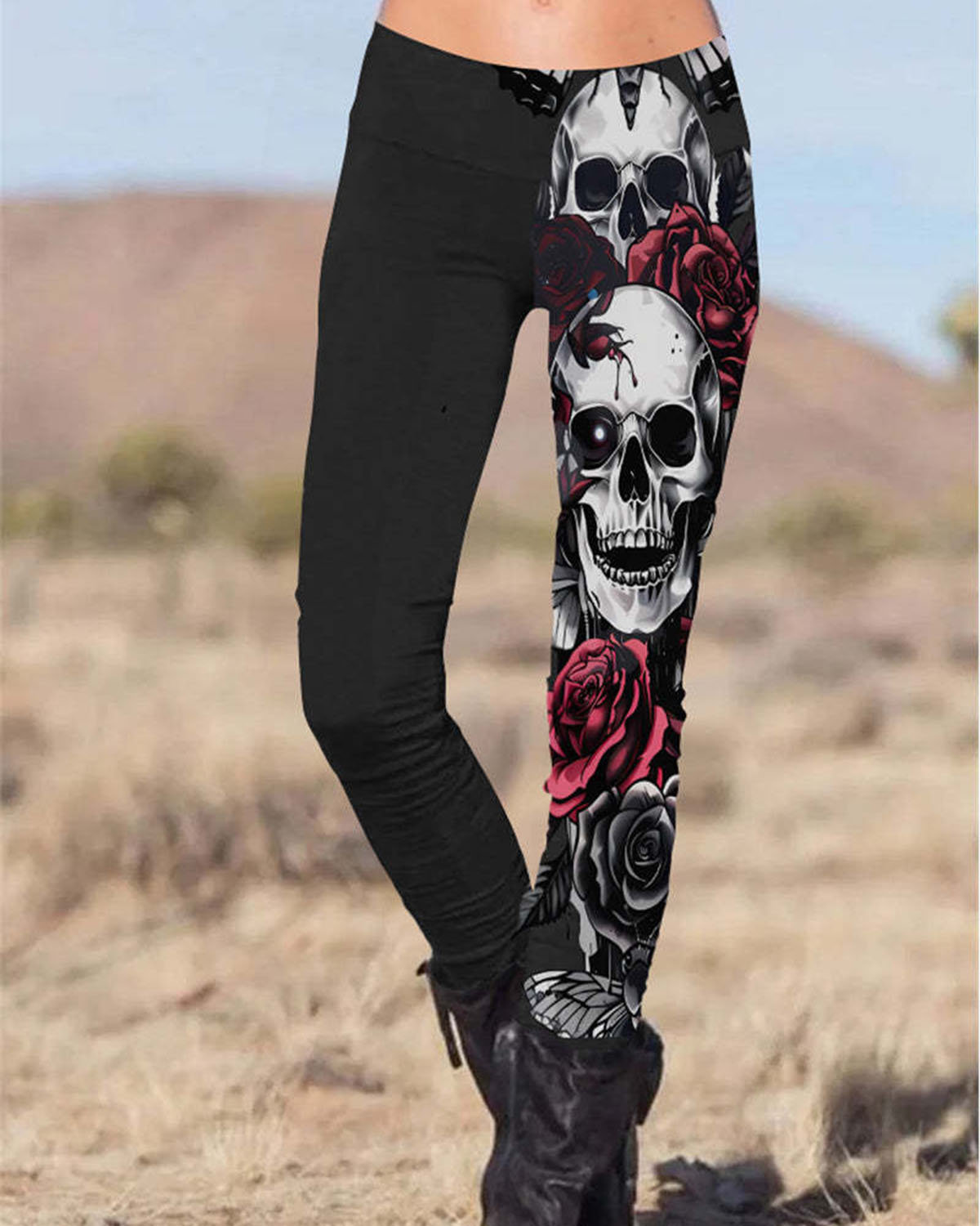 Gothic Red Rose Skull Printed Slim Fit Pants