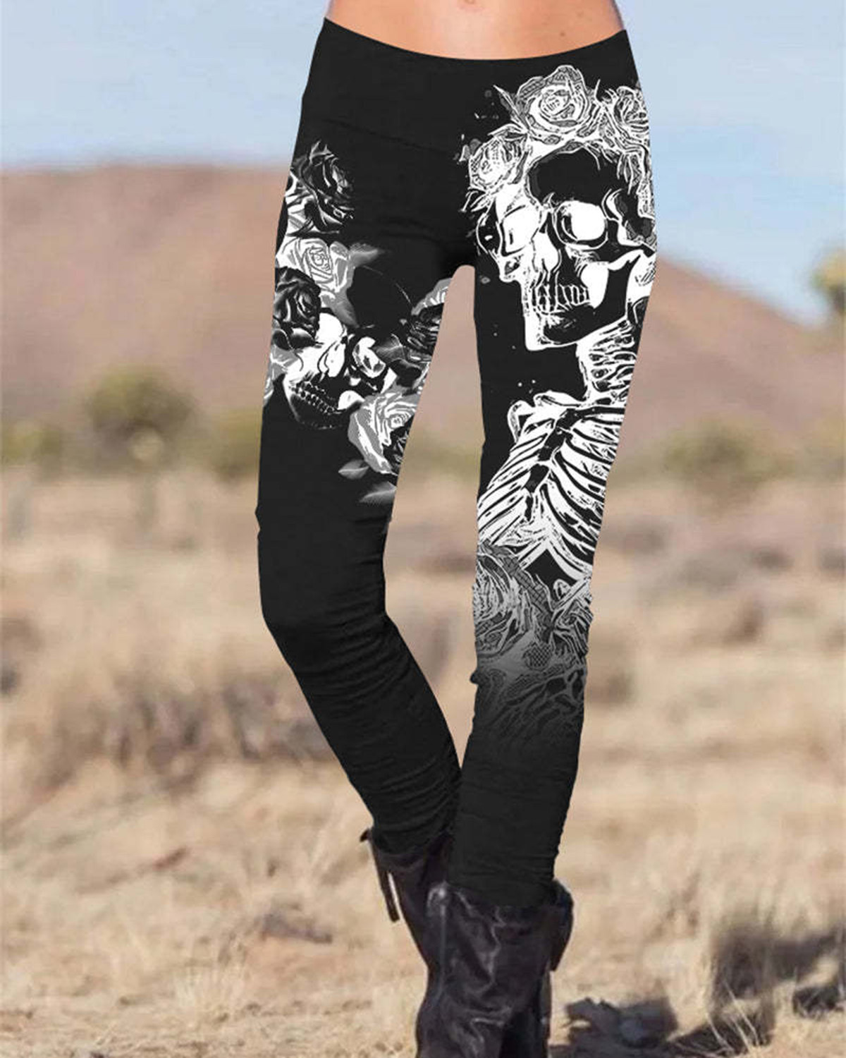 Gothic Image Skull Body Printed Slim Fit Pants