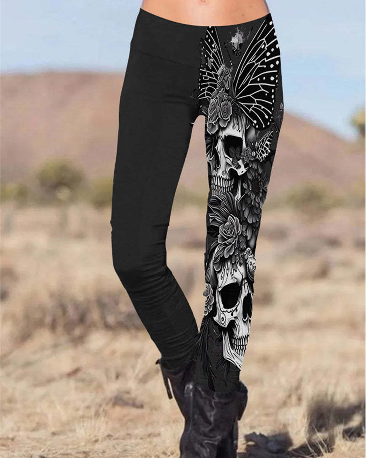 Gothic Butterfly Print Skull Printed Slim Fit Pants