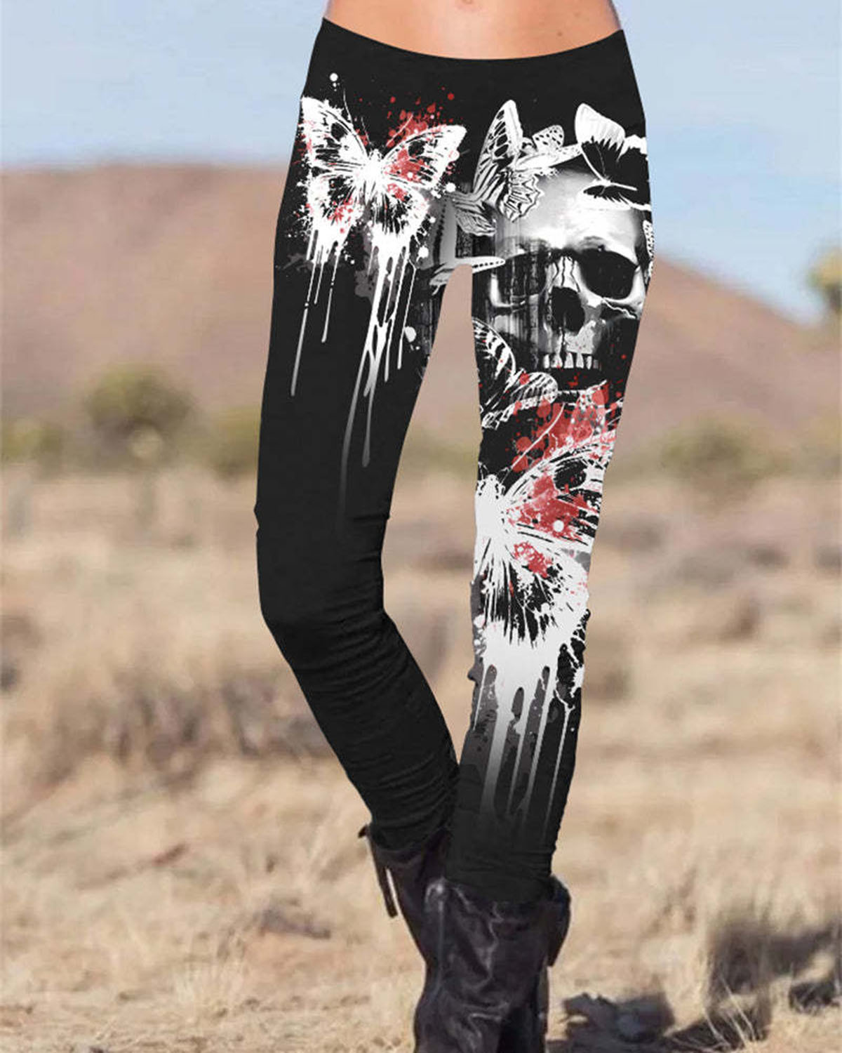 Gothic Butterfly Bloody Skull Printed Slim Fit Pants