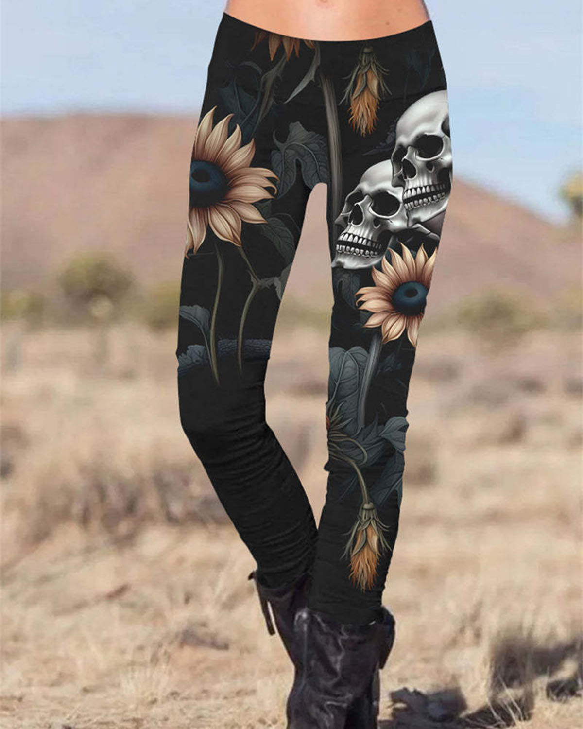 Gothic Skull Sunflower Printed Slim Fit Pants