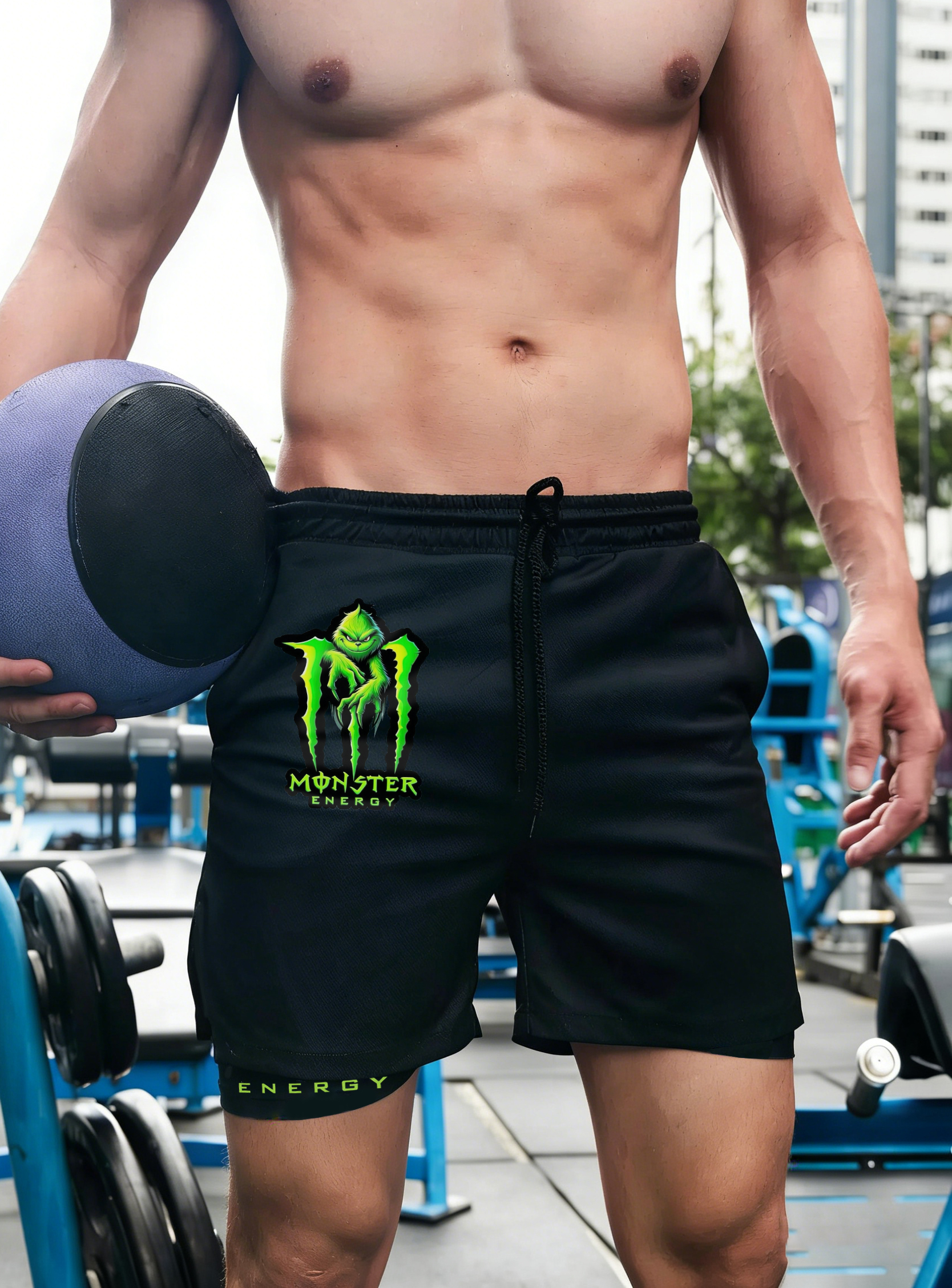 Monster Energy Grinch Print Men's All-In-One Fitness Shorts