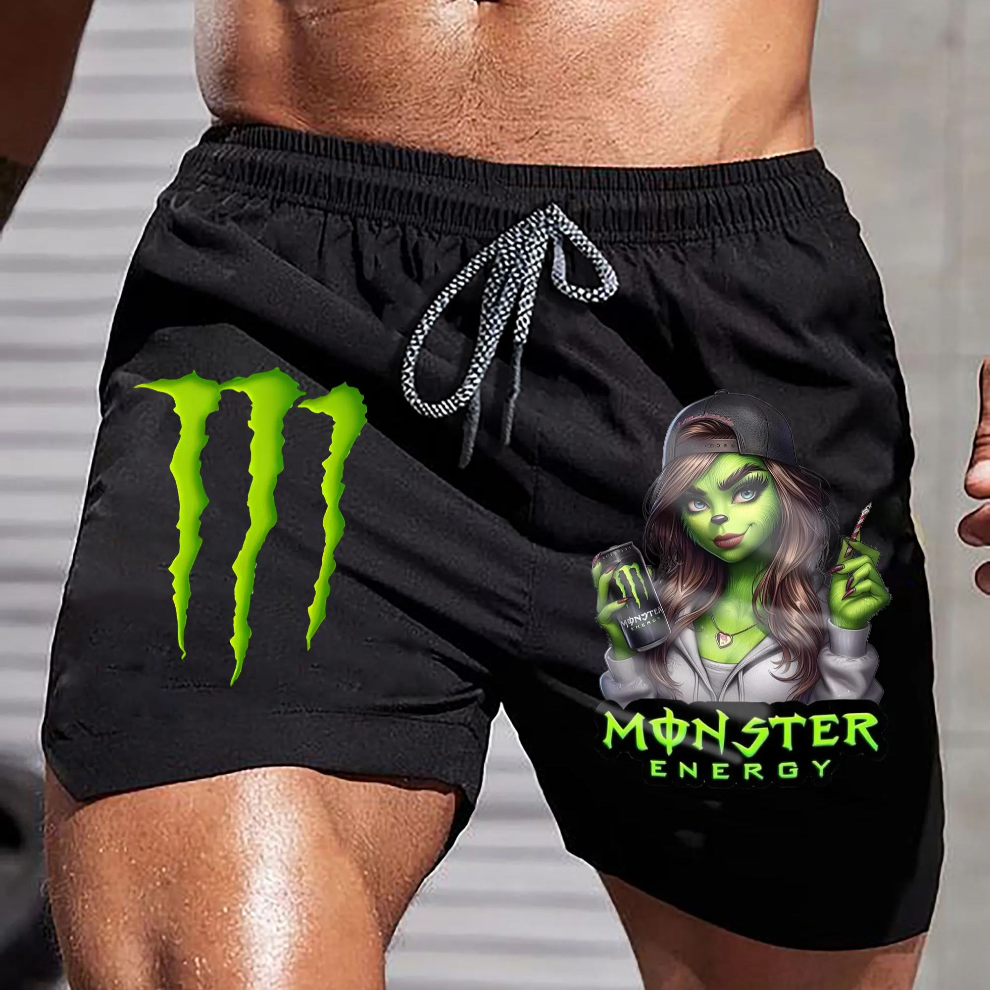 Monster Energy Grinch Print Men's All-In-One Fitness Shorts