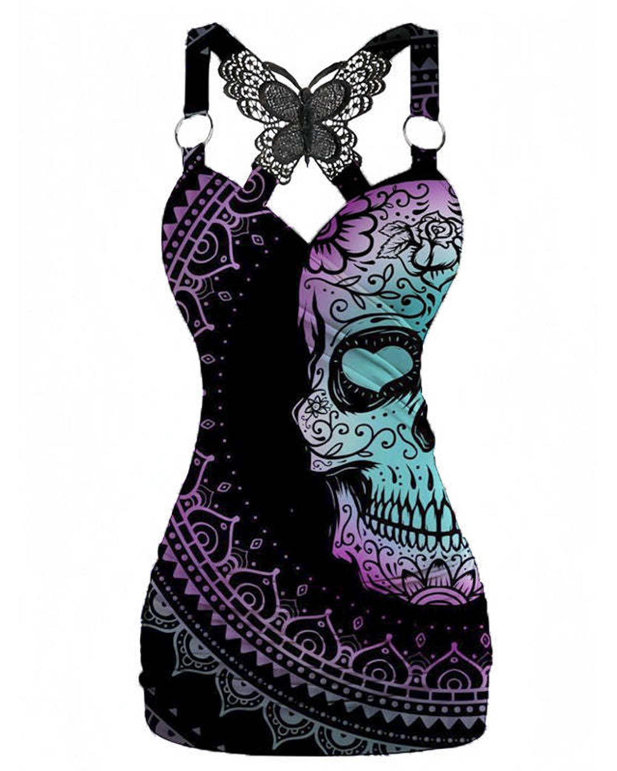 Fantasy Skull Printed V-neck Sexy Butterfly Back Dress