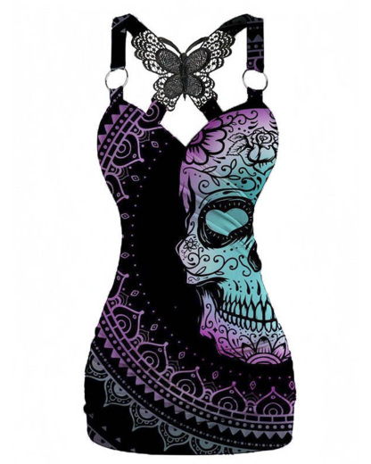 Fantasy Skull Printed V-neck Sexy Butterfly Back Dress
