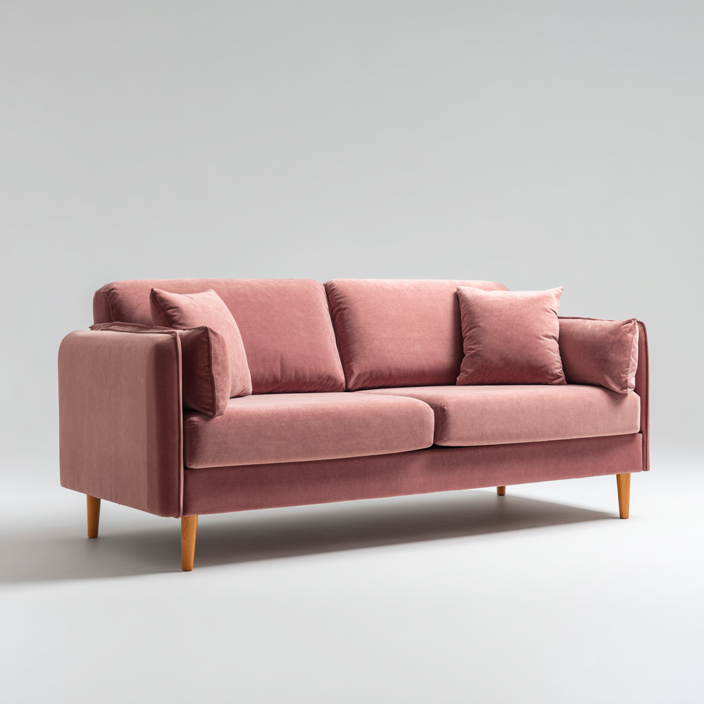 Divano lineare-velluto-legno-198x88x94 cm-rosa-legno-design moderno-Quietilo