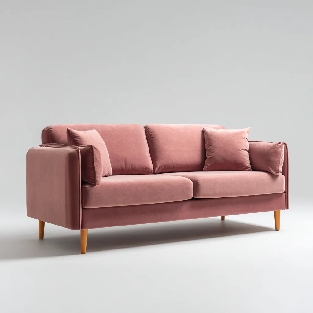 Divano lineare-velluto-legno-198x88x94 cm-rosa-legno-design moderno-Quietilo