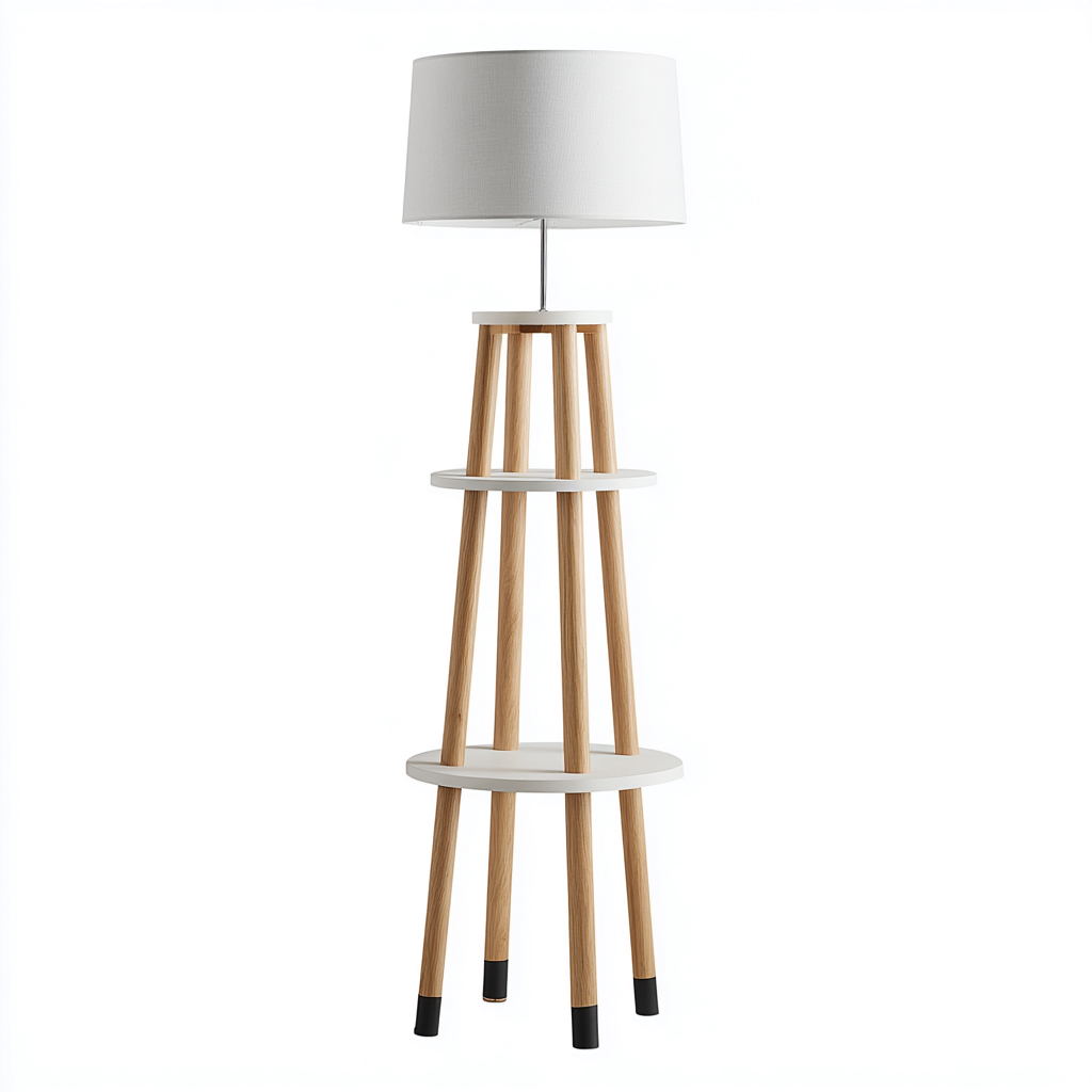 Lampada da terra-Legno-MDF-Tessuto-38x38x165 cm-Bianco-Naturale-Design moderno-Quietilo
