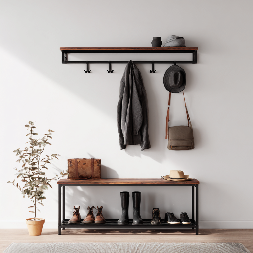 Attaccapanni - Metallo-Legno - 110x32x185 cm - Marrone-Nero - Stile industriale-Quietilo