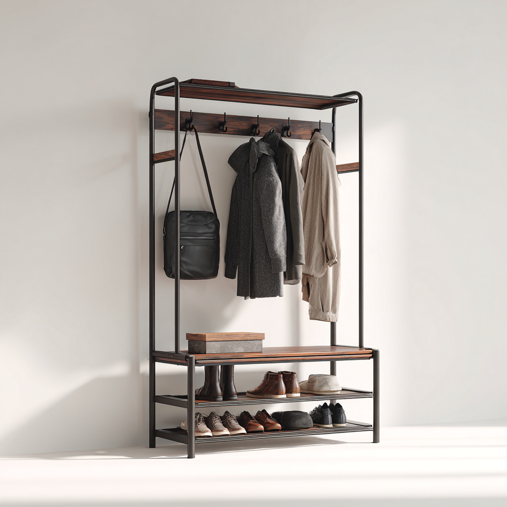 Attaccapanni - Metallo-Legno - 123x43x180 cm - Nero-Legno - Stile industriale-Quietilo