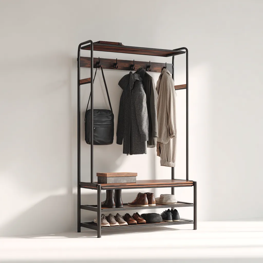 Attaccapanni - Metallo-Legno - 123x43x180 cm - Nero-Legno - Stile industriale-Quietilo