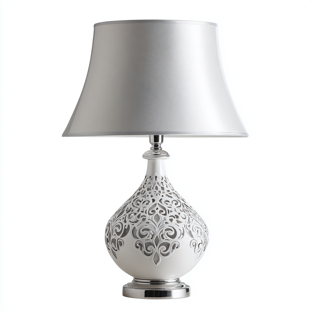 Lampada da tavolo-Ceramica-Metallo-Tessuto-29x29x52 cm-Bianco-Argento-Design elegante-Quietilo