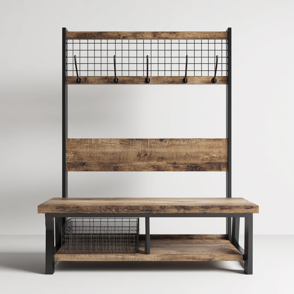 Attaccapanni - Metallo-Legno - 118x42x178 cm - Nero-Legno - Stile industriale-Quietilo