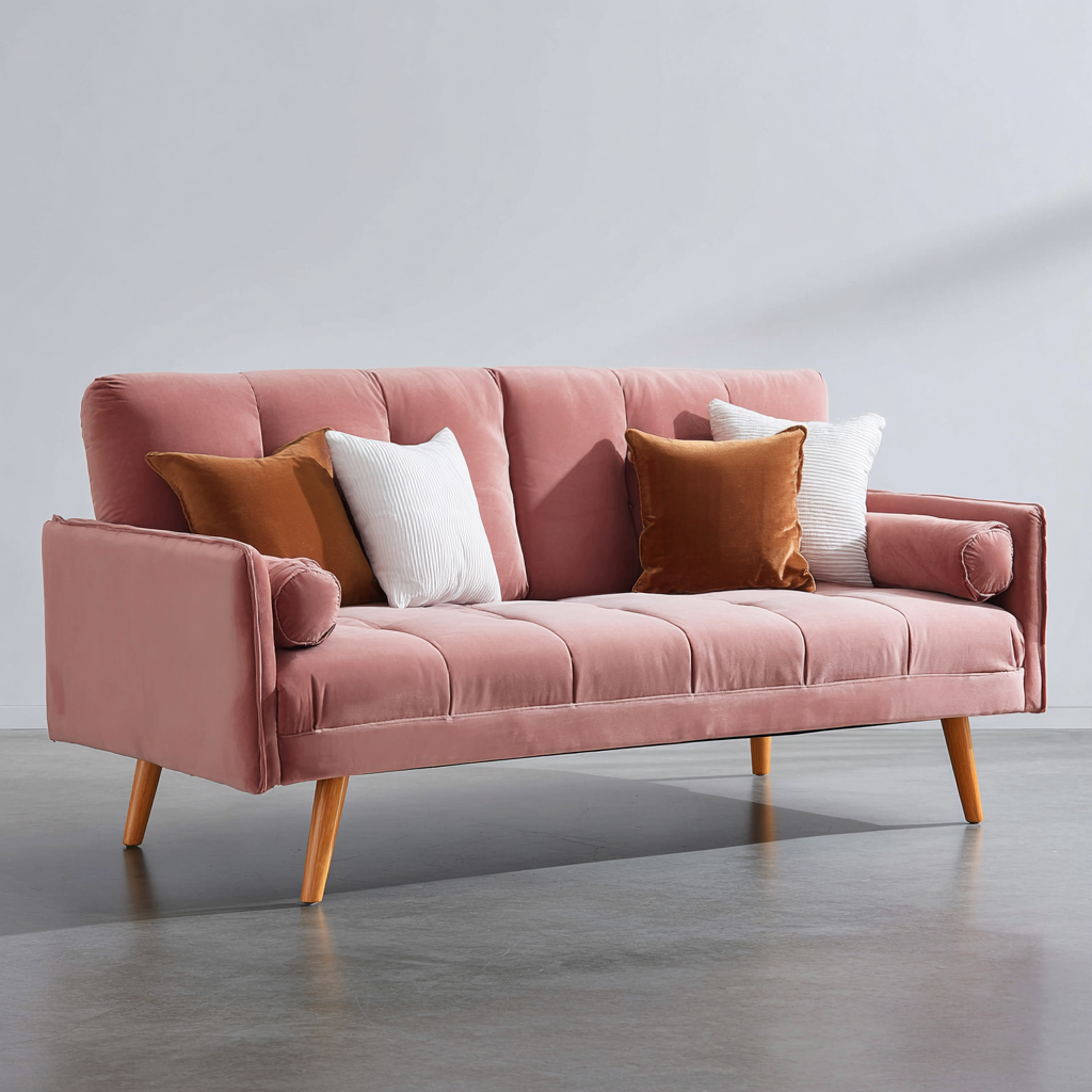 Divano lineare-velluto-legno-192x86x92 cm-rosa-legno-design moderno-Quietilo