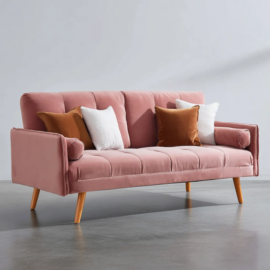 Divano lineare-velluto-legno-192x86x92 cm-rosa-legno-design moderno-Quietilo