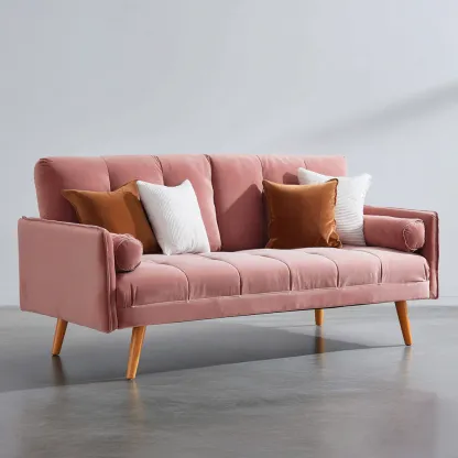 Divano lineare-velluto-legno-192x86x92 cm-rosa-legno-design moderno-Quietilo