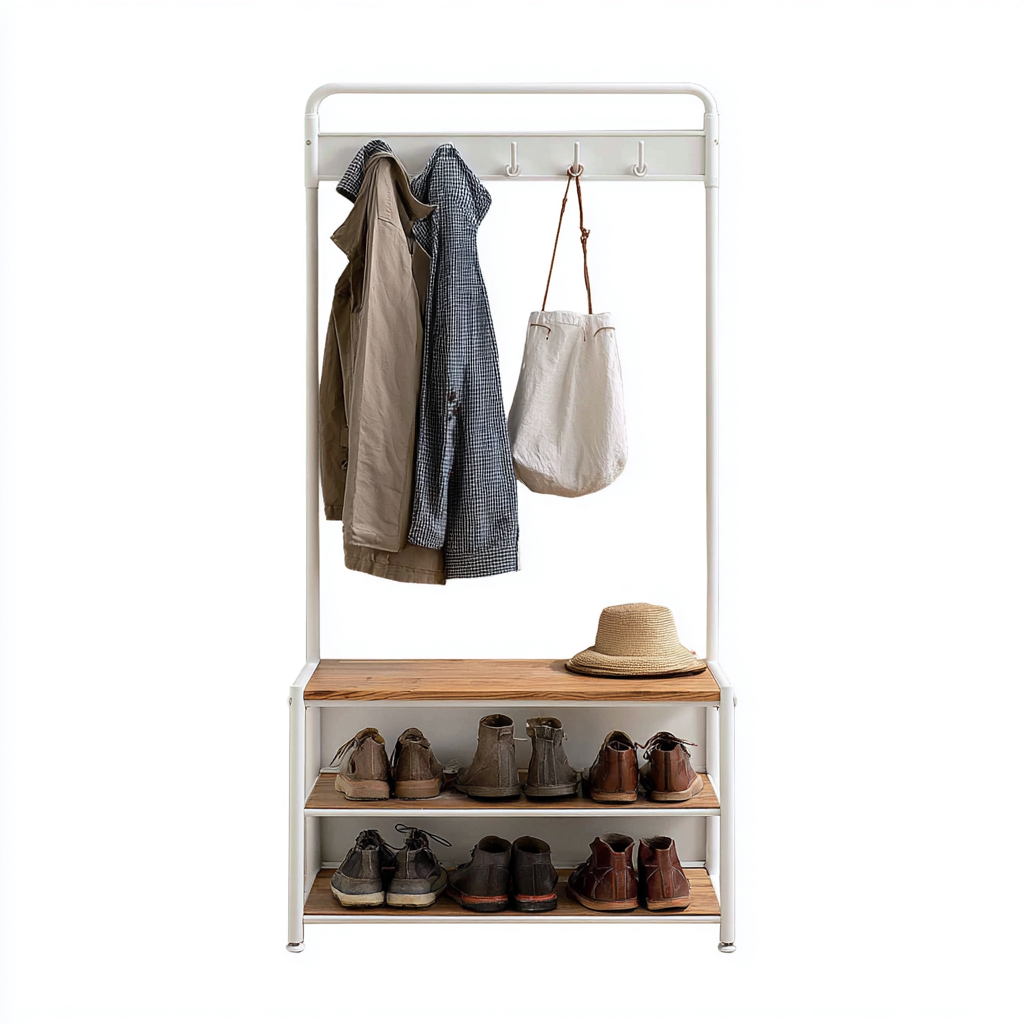 Attaccapanni - Metallo-Legno - 105x40x174 cm - Bianco-Legno - Stile moderno-Quietilo