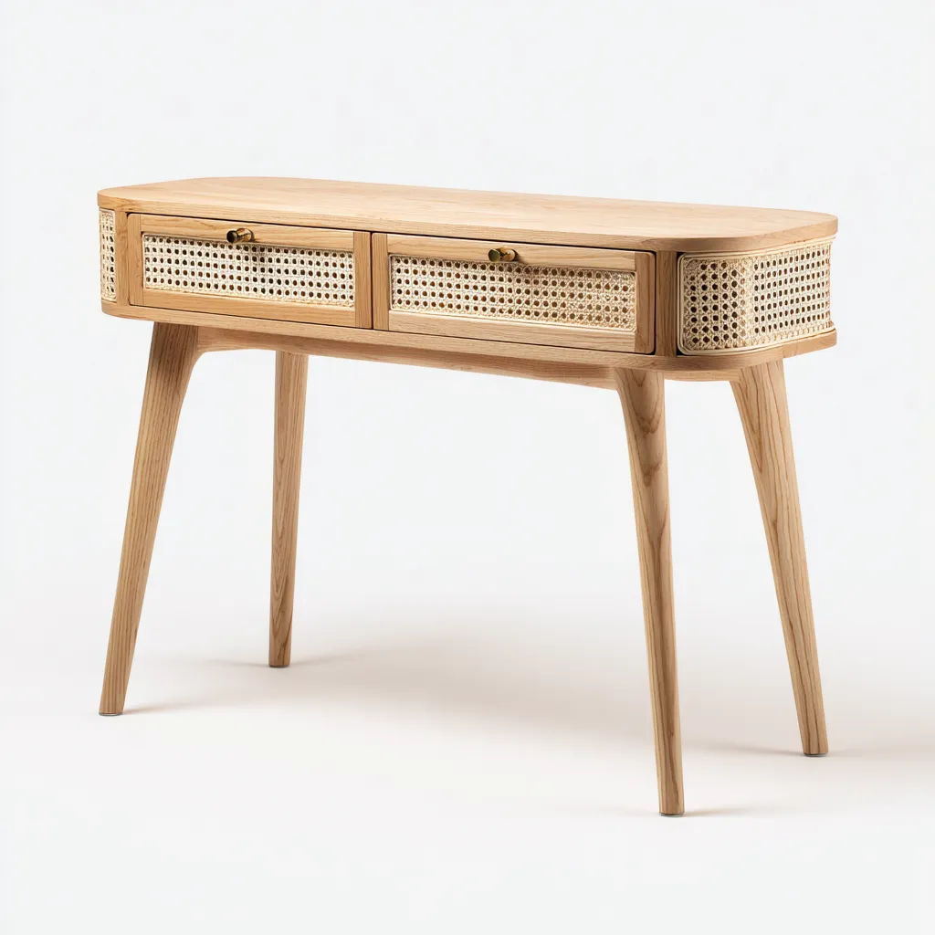 Scrivania-legno-massiccio-rattan-115x40x78 cm-naturale-design moderno-Quietilo