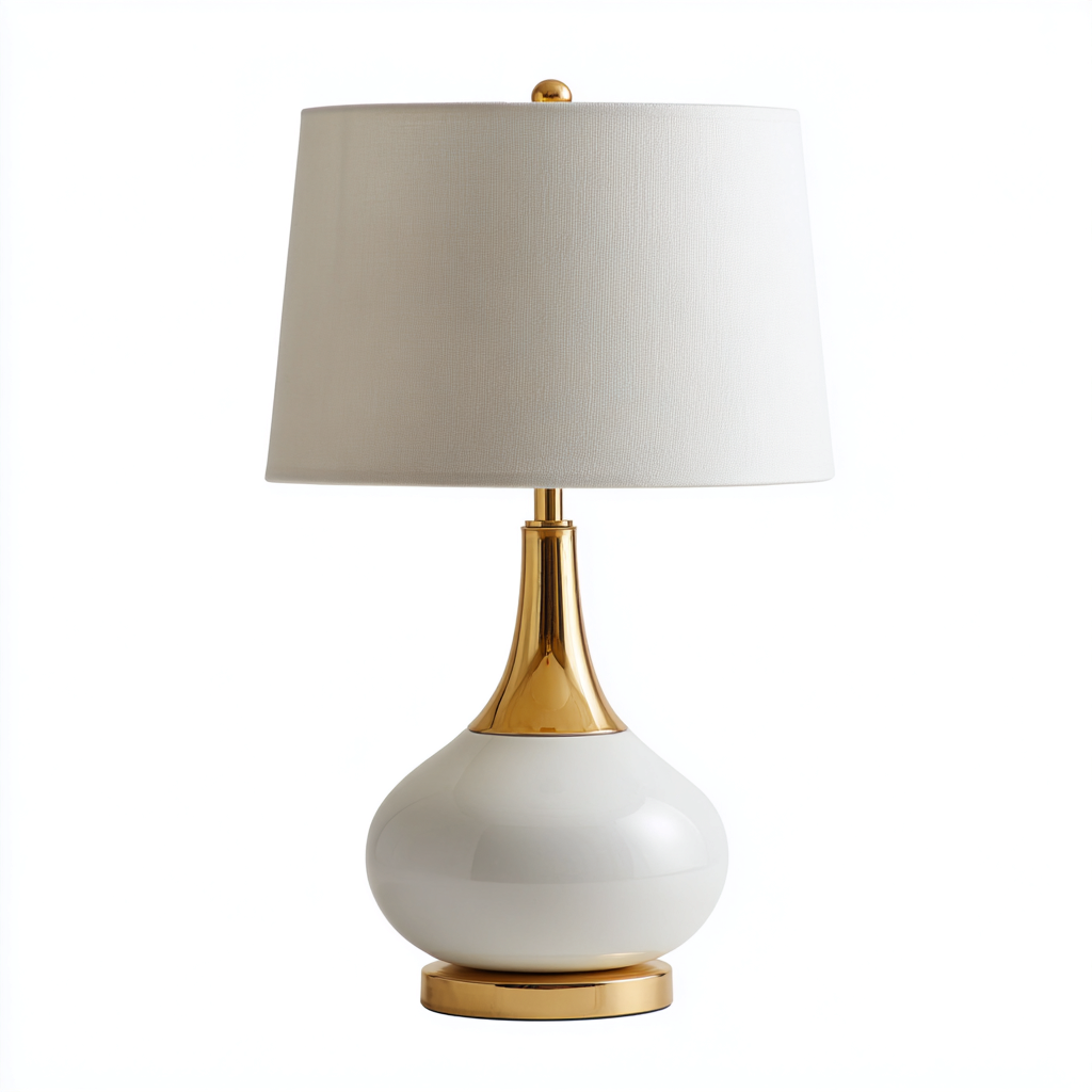 Lampada da tavolo-Ceramica-Metallo-Tessuto-25x25x48 cm-Bianco-Oro-Design elegante-Quietilo