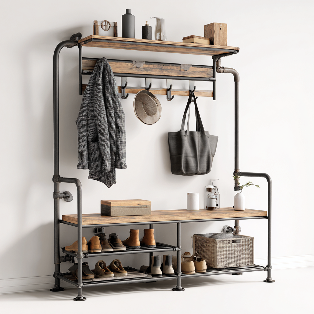 Attaccapanni - Metallo-Legno - 120x40x185 cm - Marrone-Nero - Stile industriale-Quietilo