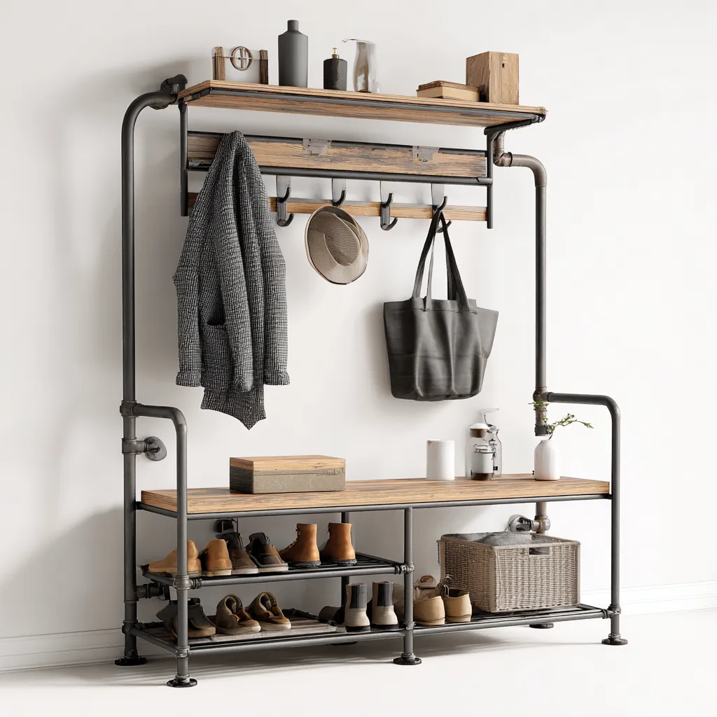 Attaccapanni - Metallo-Legno - 120x40x185 cm - Marrone-Nero - Stile industriale-Quietilo