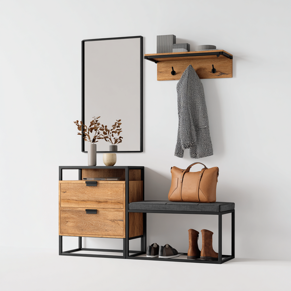 Attaccapanni - Legno-Metallo-Tessuto - 104x36x182 cm - Nero-Legno-Grigio - Stile industriale-Quietilo