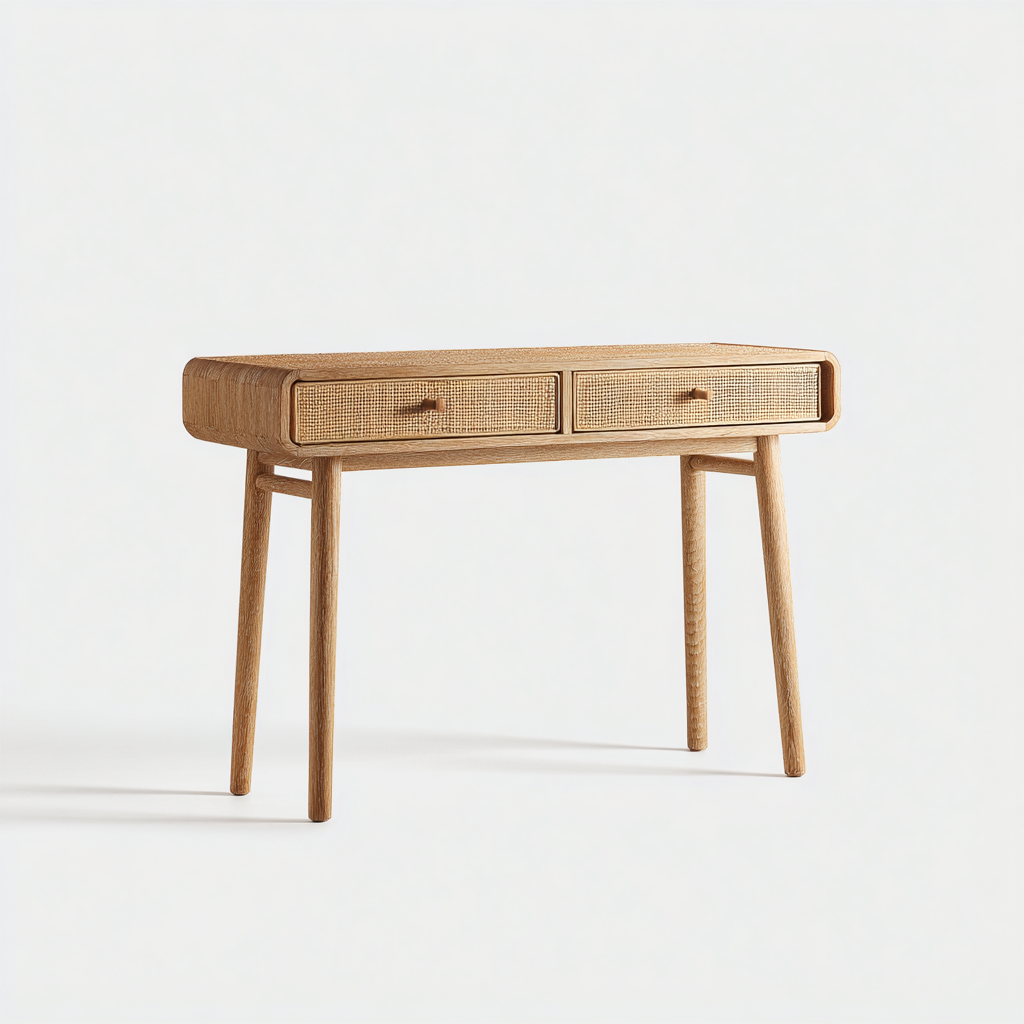 Scrivania-legno-massiccio-rattan-112x38x76 cm-naturale-design moderno-Quietilo