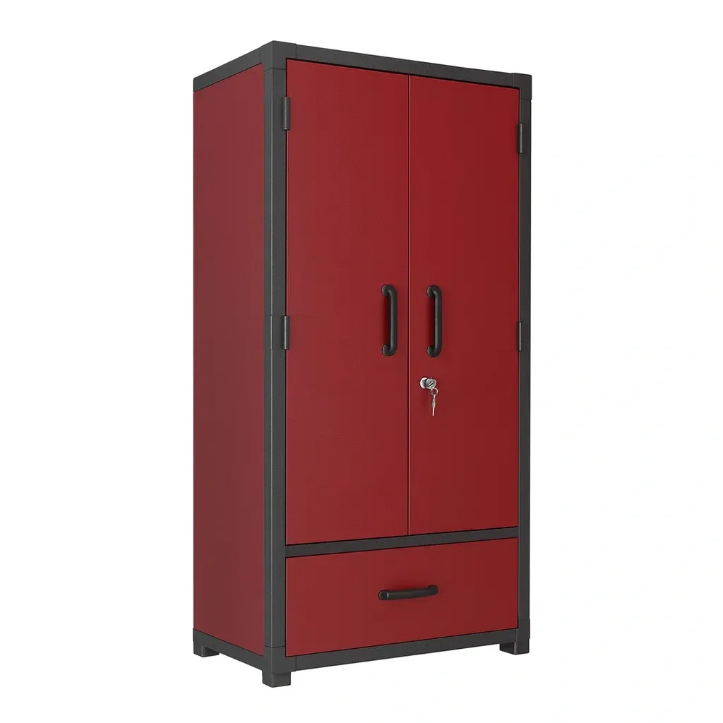 Armoire de rangement de garage métallique rouge avec double porte et tiroir