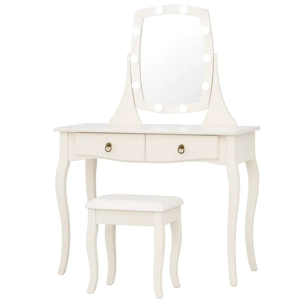 Coiffeuse en bois avec miroir éclairé et tabouret blanc