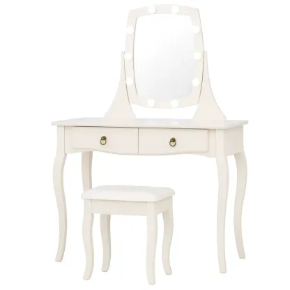 Coiffeuse en bois avec miroir éclairé et tabouret blanc
