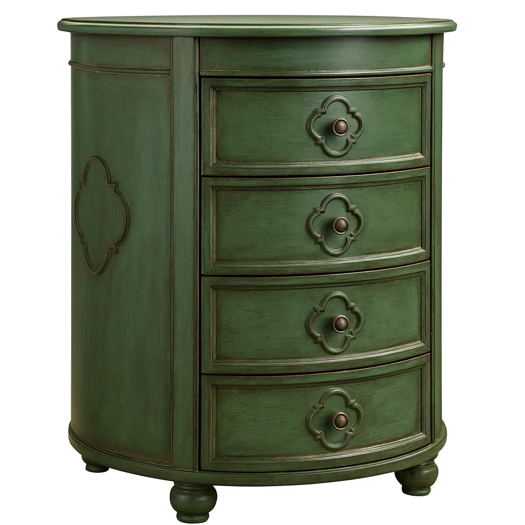 Commode demi-circulaire en bois avec 4 tiroirs vert