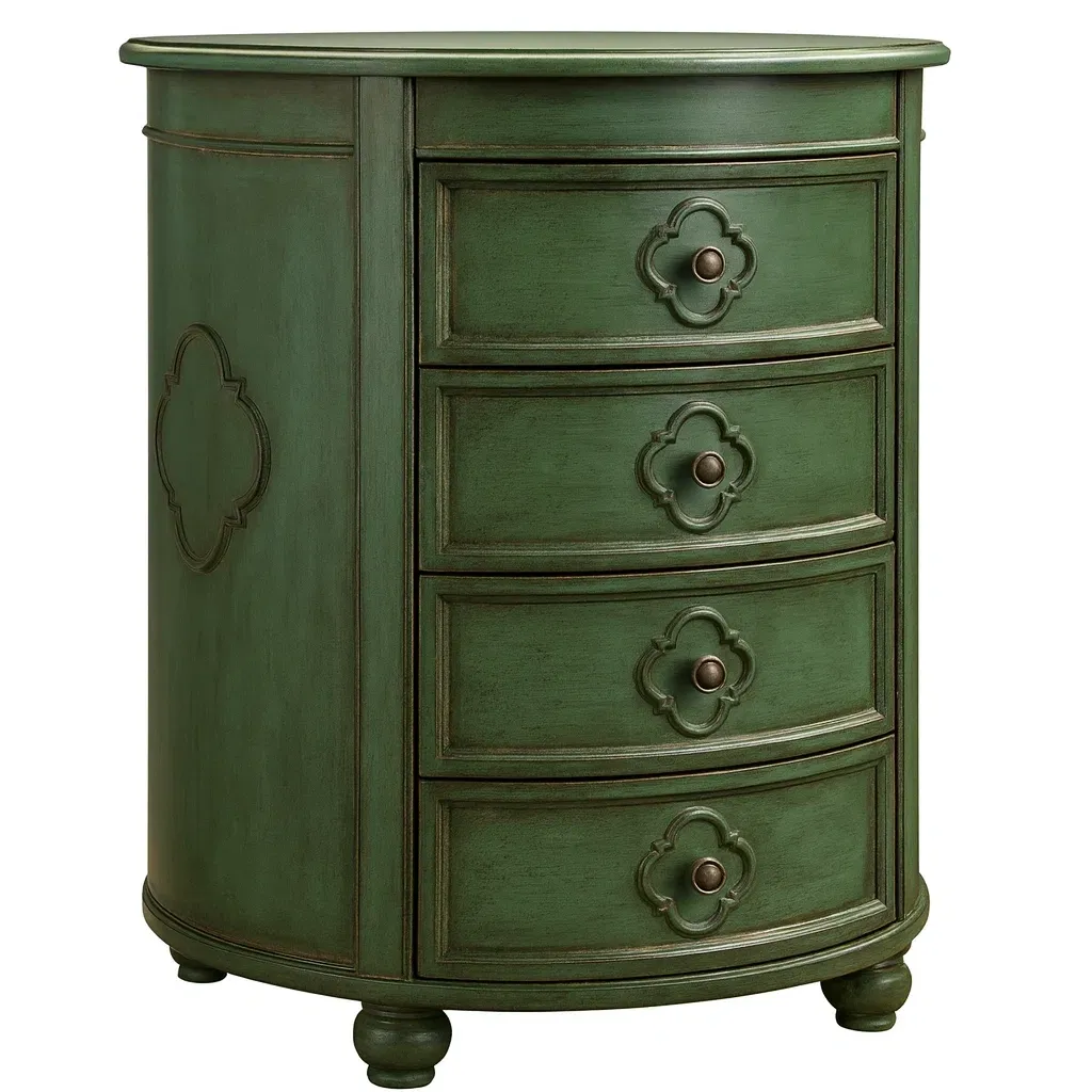 Commode demi-circulaire en bois avec 4 tiroirs vert