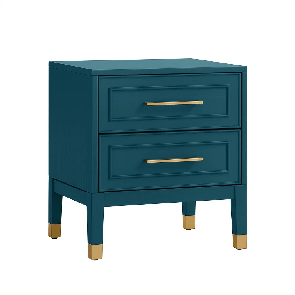 Table de chevet à deux tiroirs en bois bleu avec poignées métalliques dorées