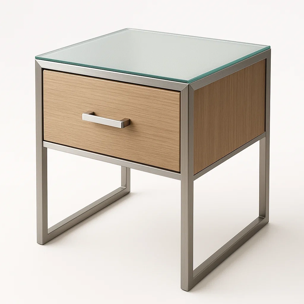 Table de chevet en chêne avec plateau en verre et cadre en acier inoxydable