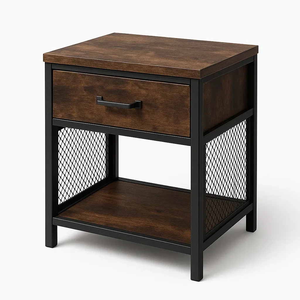 Table de chevet en bois et métal avec tiroir et étagère 40×38×55 cm