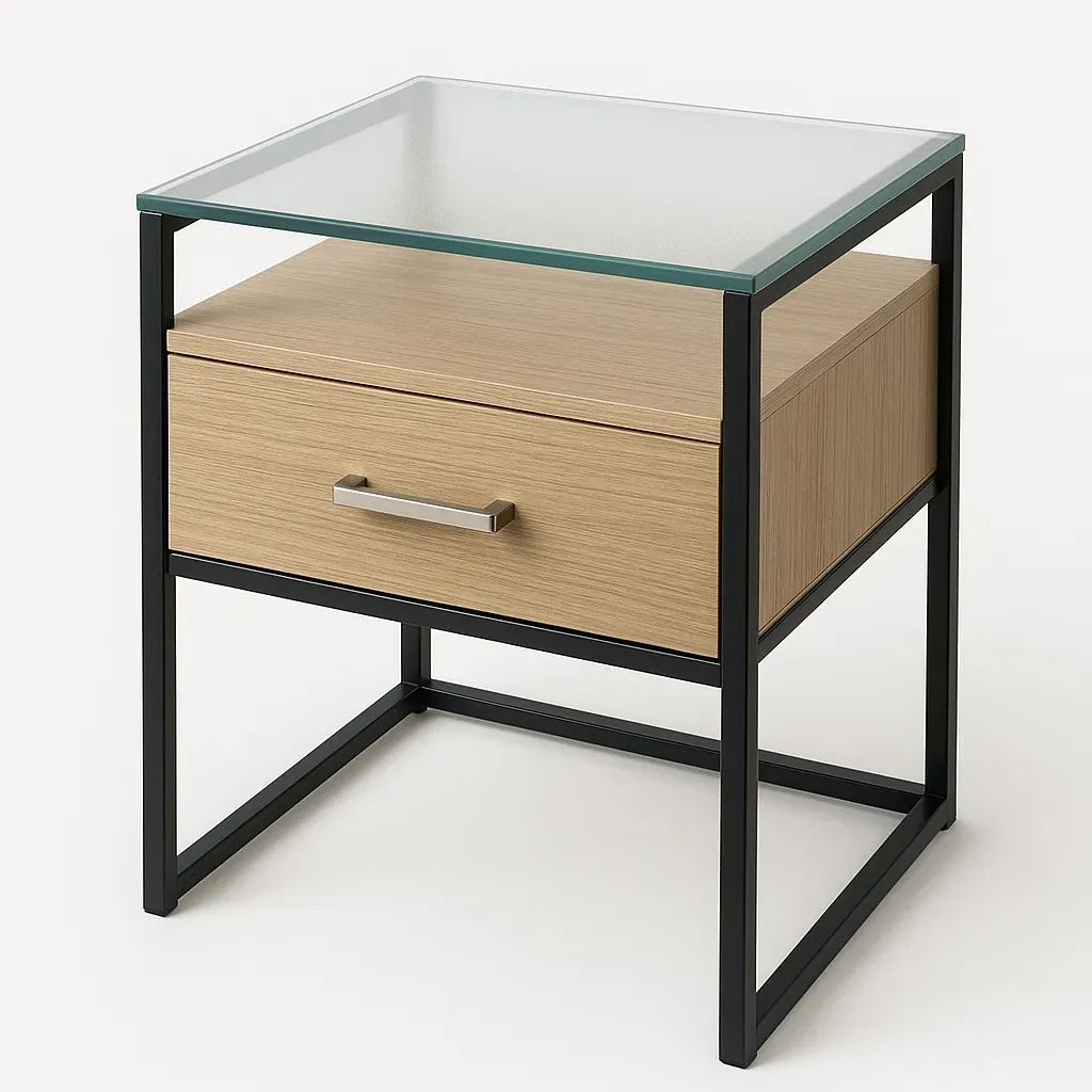 Table de chevet en verre trempé avec tiroir en chêne clair et métal noir 45×45×55 cm