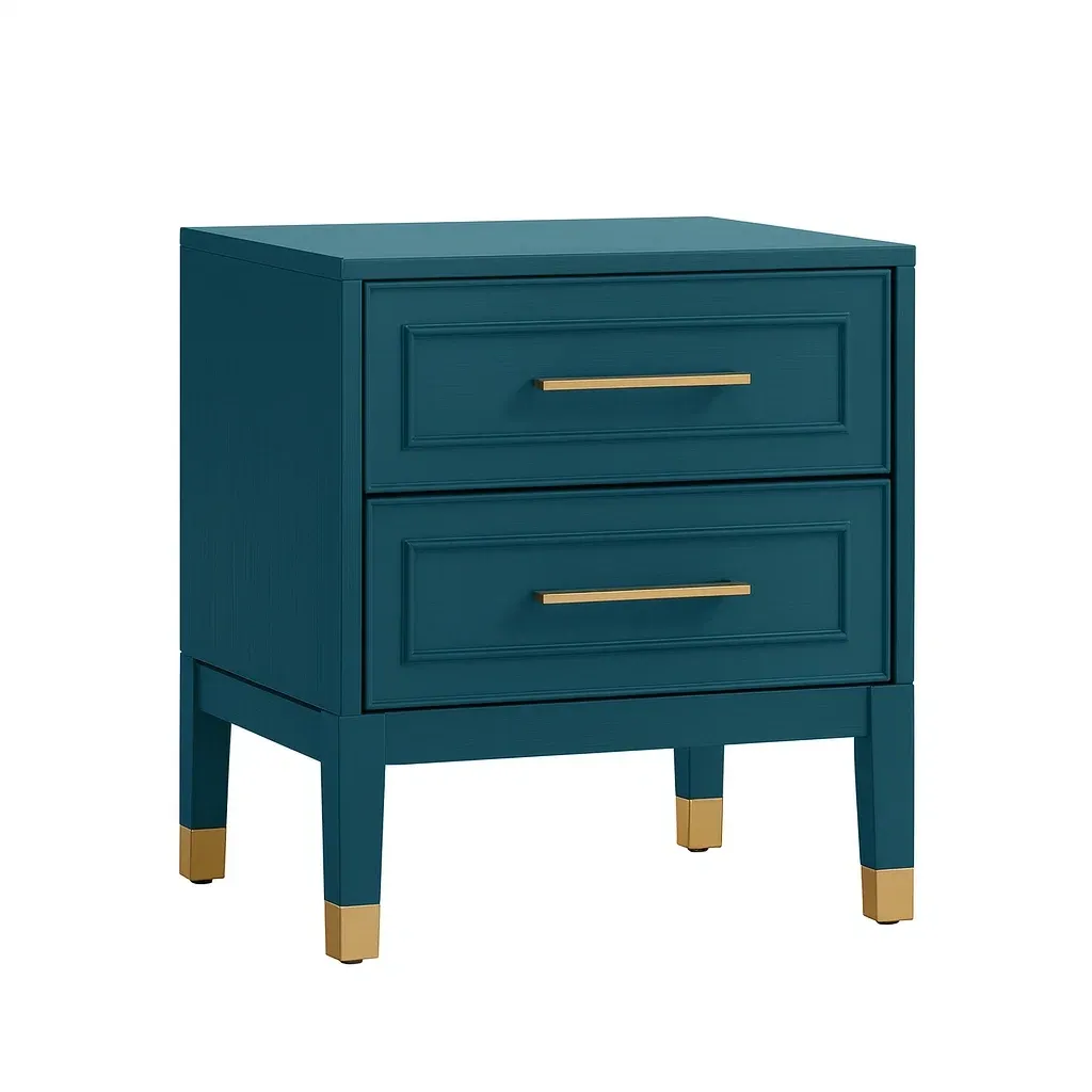 Table de chevet à deux tiroirs en bois bleu avec poignées métalliques dorées