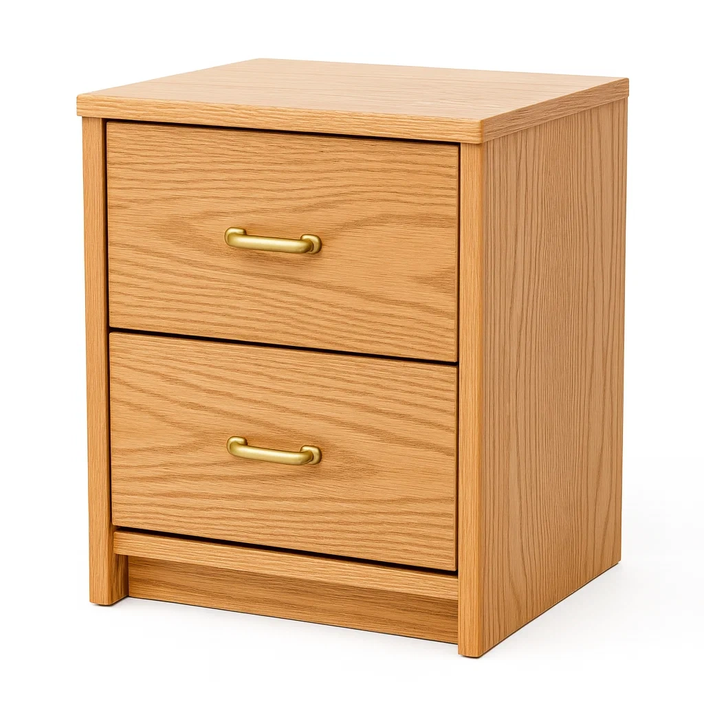 Table de chevet à 2 tiroirs en bois avec poignées en métal doré